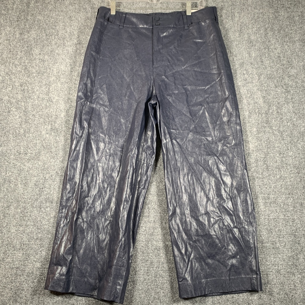 Chico's Pants Womens 2R 12R Blue Crinkle Faux Leather Wide Leg Crop Trousers